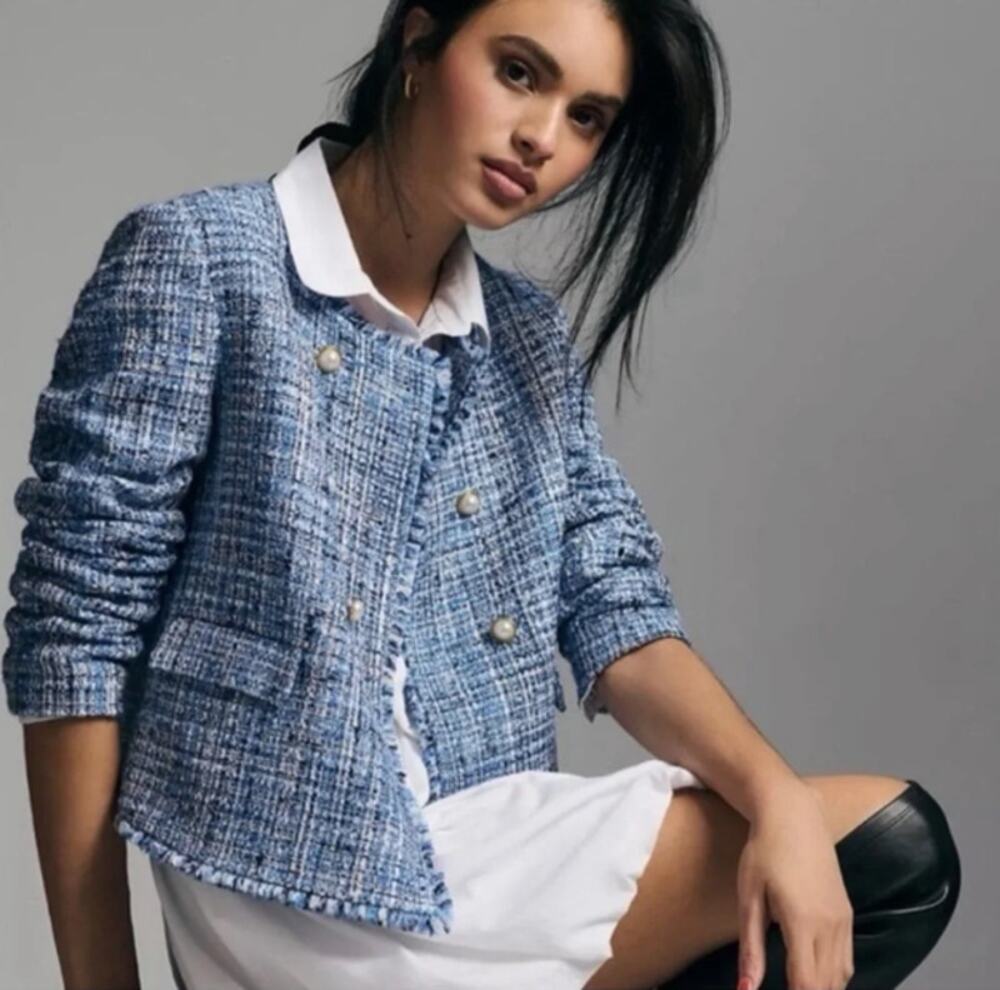 ANTHROPOLOGIE x MAEVE Tweed Blazer with Pearl Buttons Blue Sz 22W $188 {3F11}